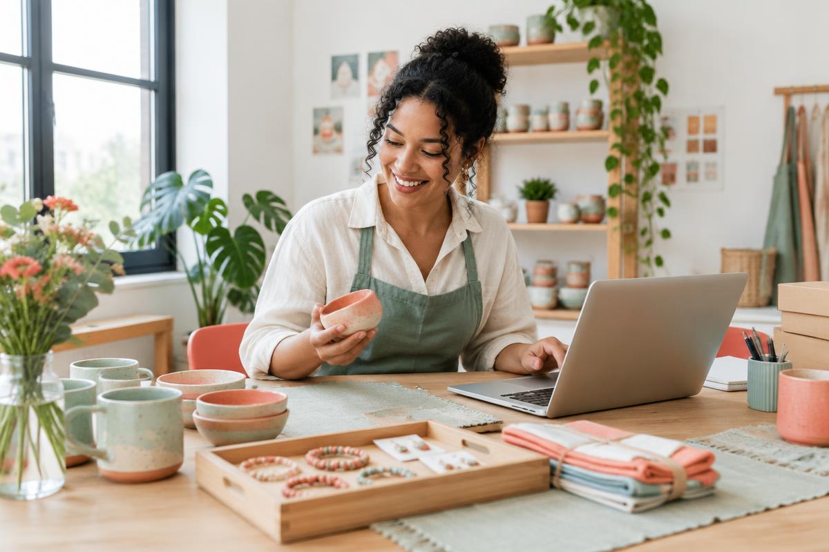Independent business owner reviewing her products at a worktable